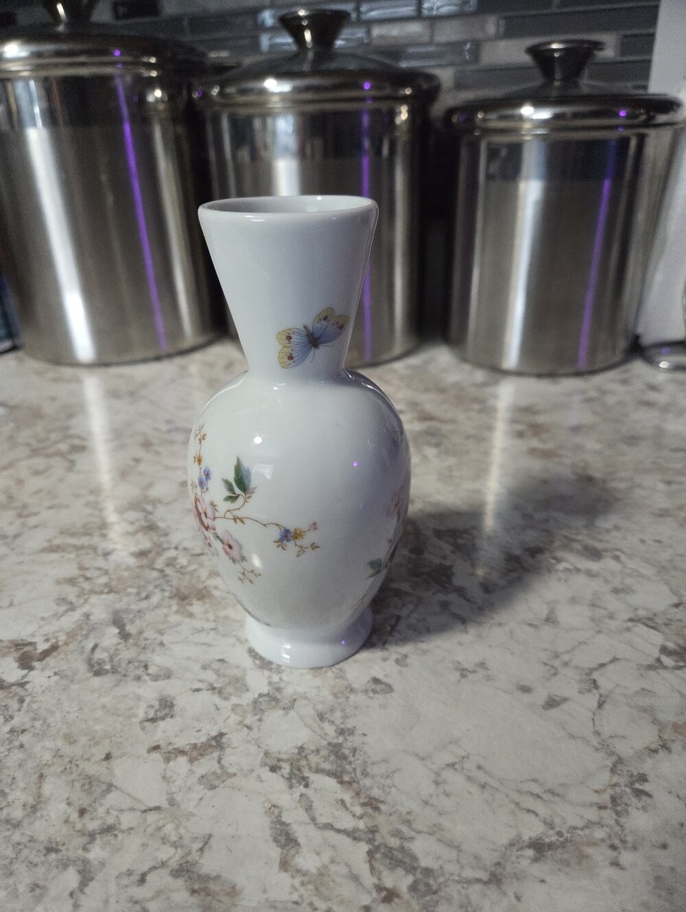 Vintage Limoges France White Porcelain Small Vase 5.5 Inches, Floral, Butterfly - Picture 4 of 8